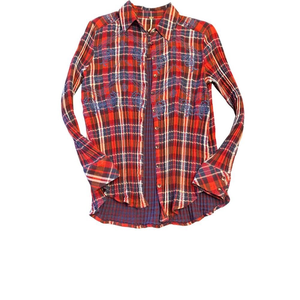 Free People Button Down Red Plaid Embroidered Floral Pleated Boho Shirt XS TP